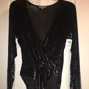 Black velvet sheer bodysuit blouse